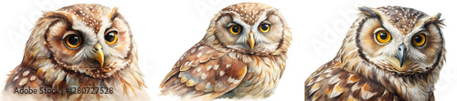 Detailed watercolor owls, vibrant colors, realistic animal portraits, nature-inspired art, wildlife illustrations.