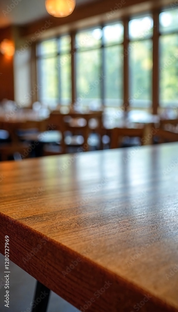A close-up of a wooden table in an empty restaurant. A close-up of a wooden table in an empty restaurant.