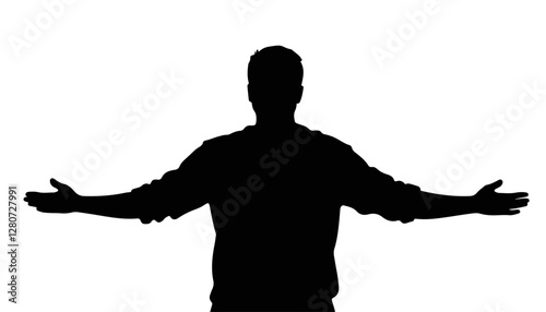 Silhouette of a man embracing with open arms against a white background