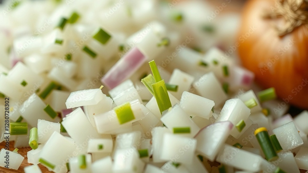 Close up of a chopped onion with green stems Close up of a chopped onion with green stems