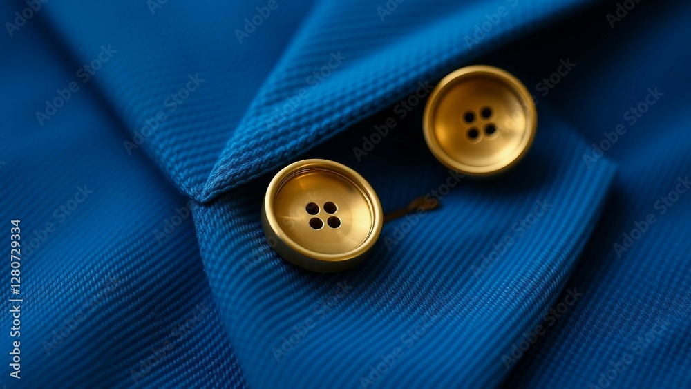 Close-up of a textured blue fabric with golden buttons A detail shot showcasing fine tailoring and m Close-up of a textured blue fabric with golden buttons A detail shot showcasing fine tailoring and m