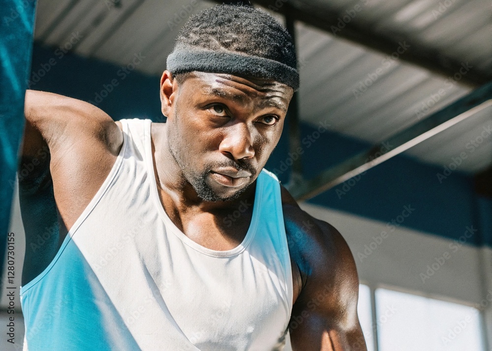 Fototapeta premium Dynamic pose of muscular black man in tank top gym fitness portrait indoor setting close-up view strength and determination