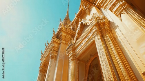 golden scene of the Grand Palace in Bangkok, Thailand, under a clear blue sky.