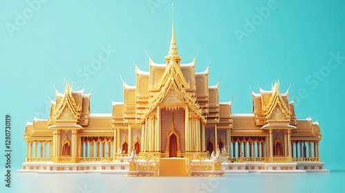 golden scene of the Grand Palace in Bangkok, Thailand, under a clear blue sky.
