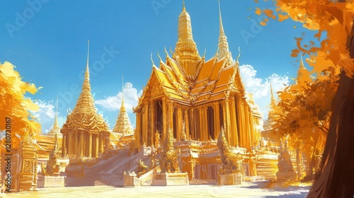 golden scene of the Grand Palace in Bangkok, Thailand, under a clear blue sky.