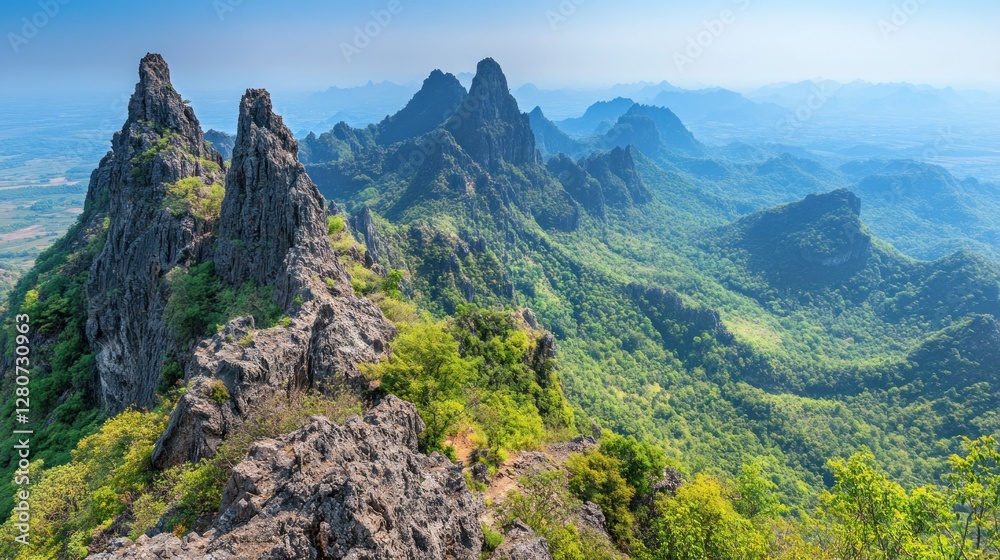Fototapeta premium Majestic Mountain Panorama: A Breathtaking View of Verdant Peaks