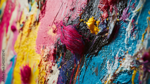 background of splattered paint, fabric fibers, and scratched metal with vibrant colors 
