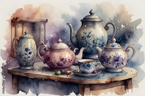 Cozy corners with magical tea sets and spellbinding brews in watercolor style