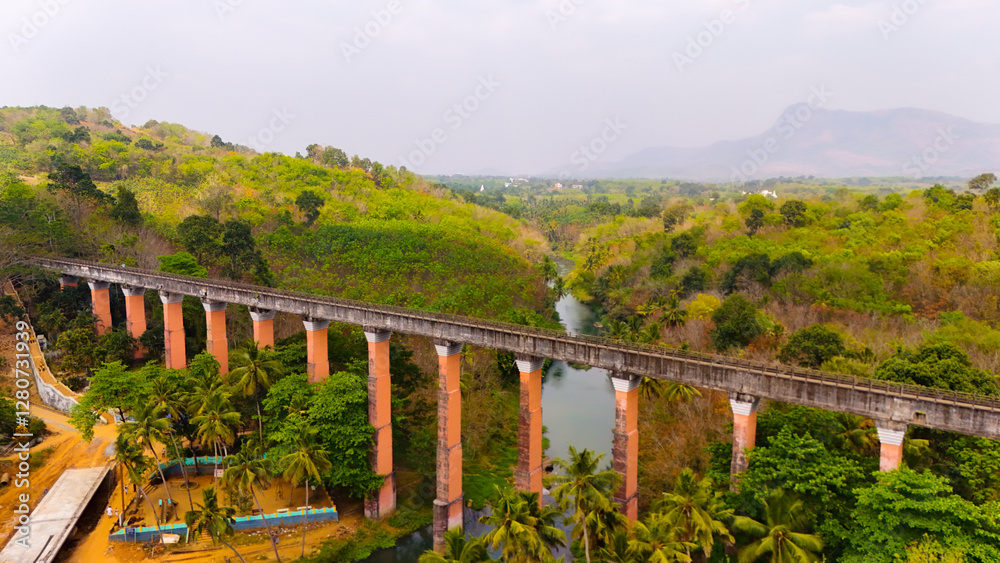 Fototapeta premium Exploring Mathur Aqueduct: Tamil Nadu’s Longest and Tallest Water Bridge