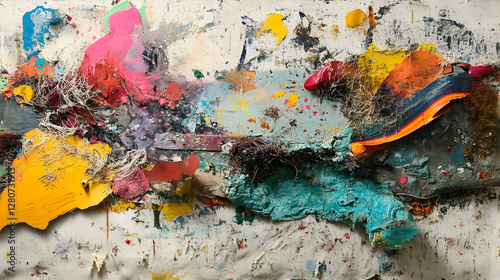 background of splattered paint, fabric fibers, and scratched metal with vibrant colors 