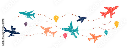 A colorful logo featuring cartoon-style airplanes with visible tracks
