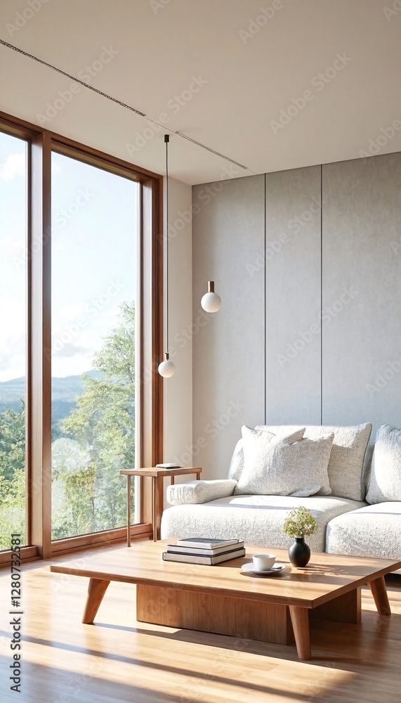 Fototapeta premium A modern minimalist living room with large windows and white walls, featuring a wooden coffee table and a light-colored couch.