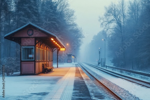 Winter evening at a quiet train station surrounded by snow and fog