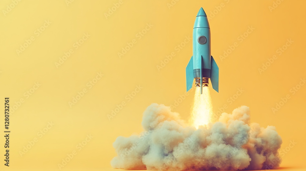 Naklejka premium Blue Rocket Launching with Colorful Smoke, A blue rocket launching amidst colorful smoke against a vibrant yellow background