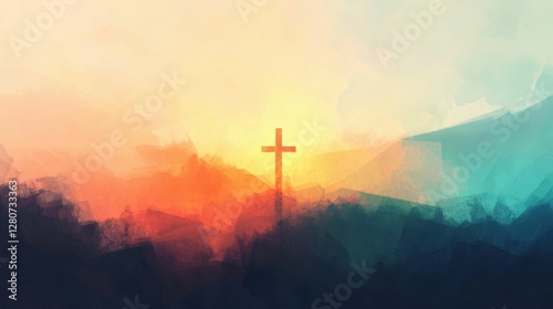 abstract background with christian cross and muted gray and taupe tones, smooth transitions, minimalistic and professional, calming and stylish