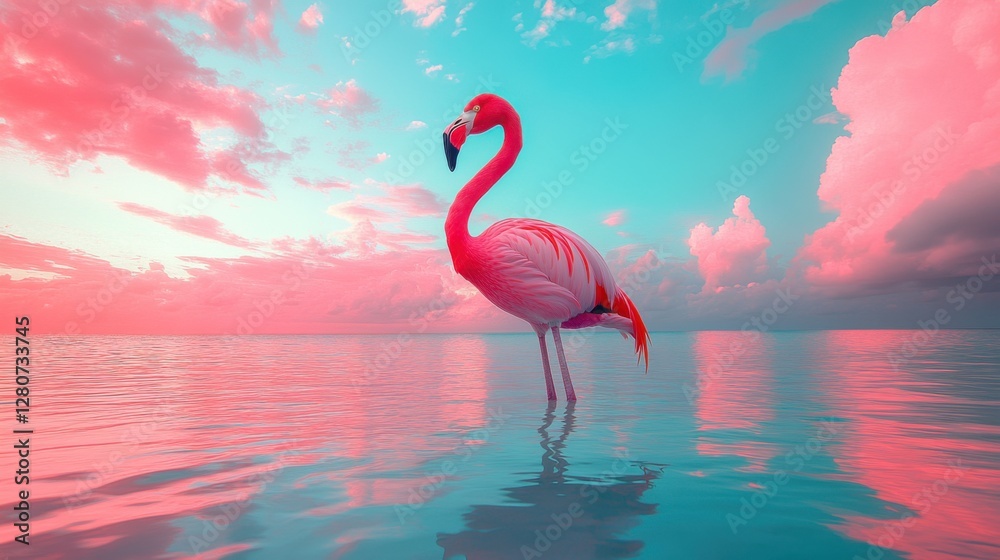 Fototapeta premium A flamingo standing in shallow water, its elegant pose reflected on the surface, with soft pink tones in the evening sky.
