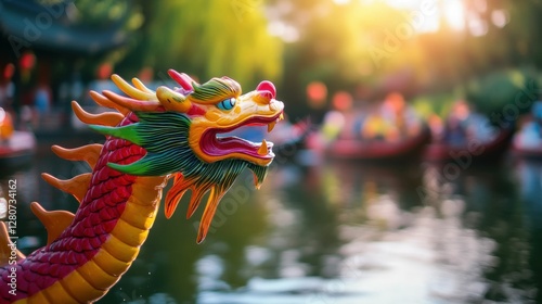 Dragon boat with a bold dragon head design racing on a scenic river, vibrant traditional theme, dynamic composition, natural daylight photo