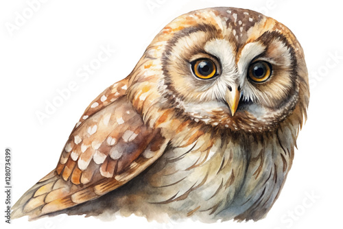 Realistic owl illustration, watercolor style, detailed feathers, nature art, wildlife portrait, decorative print.