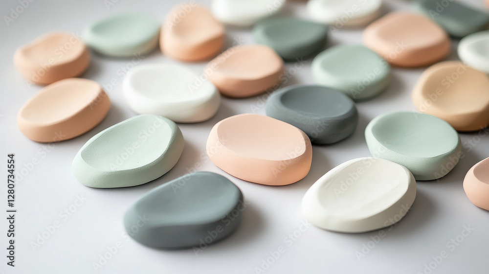 A photograph of hand-crafted clay stones in muted pastel colors, such as peach, seafoam green A photograph of hand-crafted clay stones in muted pastel colors, such as peach, seafoam green