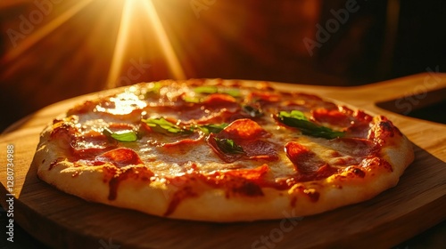 Wallpaper Mural Delicious pizza served on a wooden platter with fresh toppings, placed on a dark rustic table, warm inviting lighting, appetizing and detailed composition Torontodigital.ca