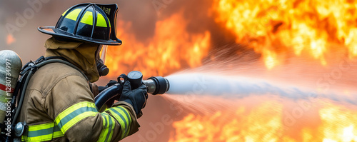 A close-up of a firefighter gripping a heavy-duty hose as powerful jets of water spray toward roaring flames. Emergency concept.