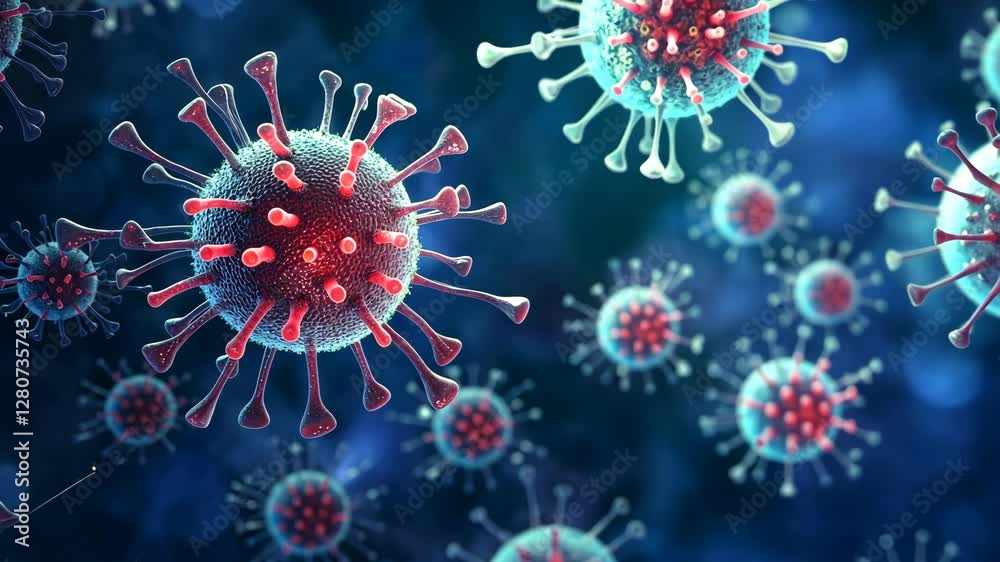 Colorful illustration of virus particles under a microscope view