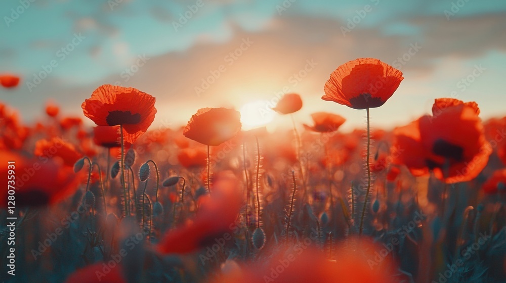 Obraz premium Close-up of vibrant red poppies in a meadow, bright natural colors, natural daylight, detailed and lively