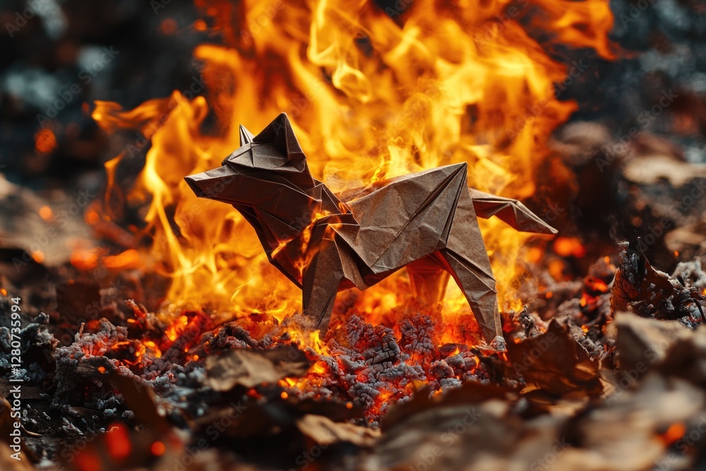 Fototapeta premium Origami paper art dog near fire, isolated on white background