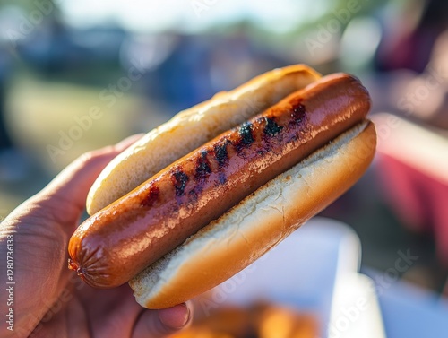 Hand holding a freshly grilled hot dog at a summer fair, showcasing the epitome of seasonal outdoor eating with juicy, flavorful sausage topped with condiments in a festive atmosphere. photo