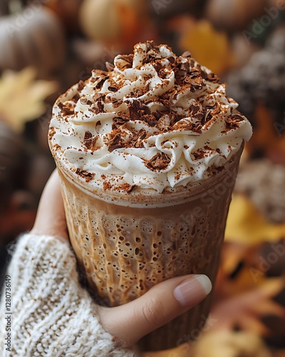 Pumpkin Spice Latte Held by Hand with Autumn Leaves Background