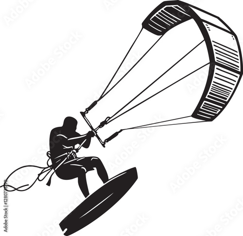  Kitesurfing Vector Illustration: Black and White Outline Design