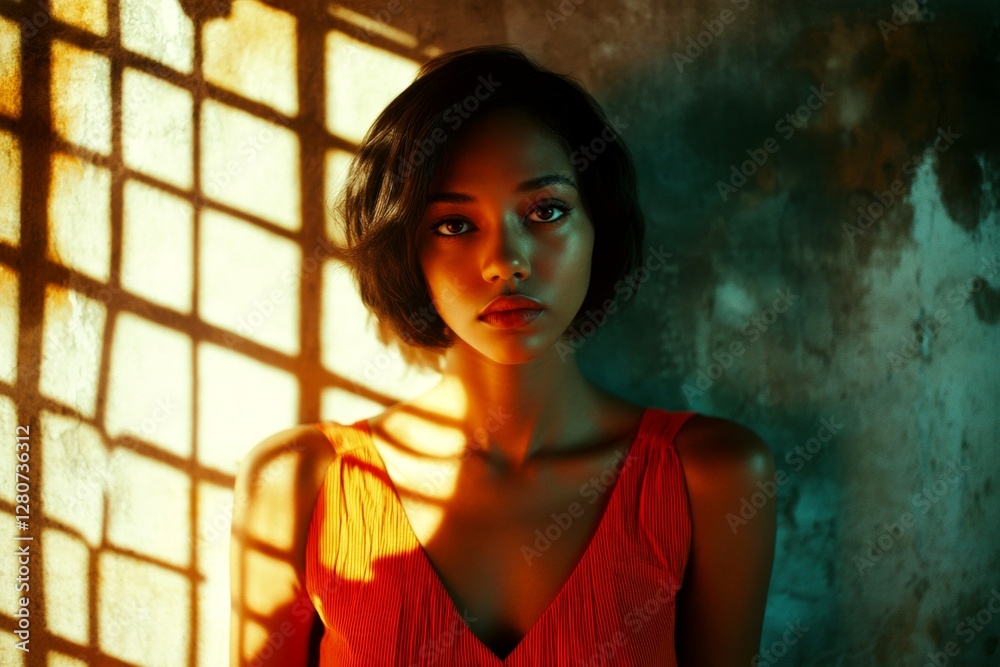 Fototapeta premium Short hairdo - straight hair. Gorgeous calm mixed-race girl - for ads, billboard and internet marketing networks use. Commercial promotion idea. Short hair fashion trend. Commercial woman ad.