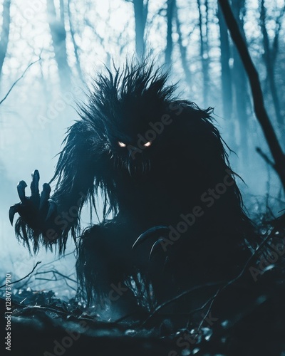 Menacing monster with sharp claws and dark fur lurking in a misty forest, creating a chilling atmosphere of fear and supernatural terror