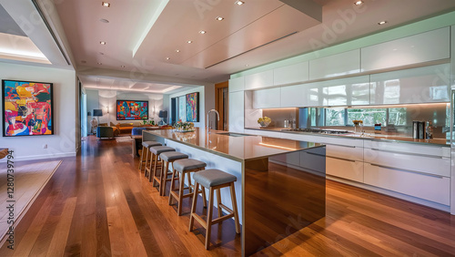 A Modern Luxurious Kitchen Features a Large Polished Kitchen Island With Stools for Casual Dining