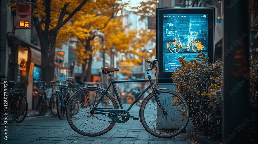 bicycle in the garden Bicycle parked on the footpath in the park. at a city There is a billboard on the wall bicycle in the garden Bicycle parked on the footpath in the park. at a city There is a billboard on the wall