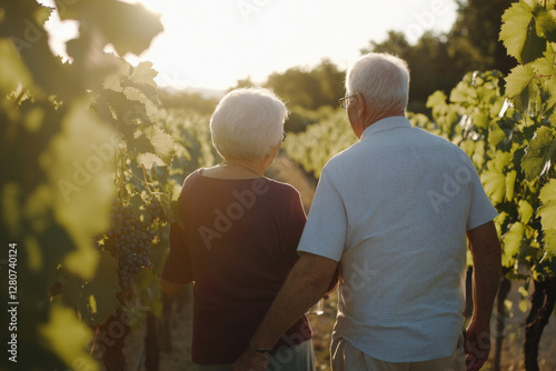 Caucasian elderly couple walking through a vineyard, stopping to taste grapes, sharing a loving moment under the warm afternoon sun. photo