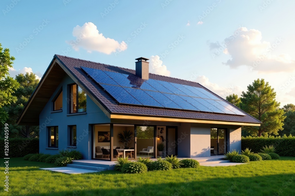 Modern home rooftop solar panels, clean energy solution, renewable energy, solar cells, clean energy Modern home rooftop solar panels, clean energy solution, renewable energy, solar cells, clean energy