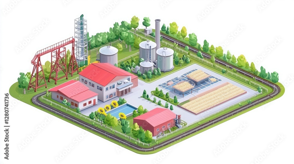 Fototapeta premium A vibrant illustration of an industrial facility featuring tanks, buildings, and a surrounding landscape with trees and open areas.