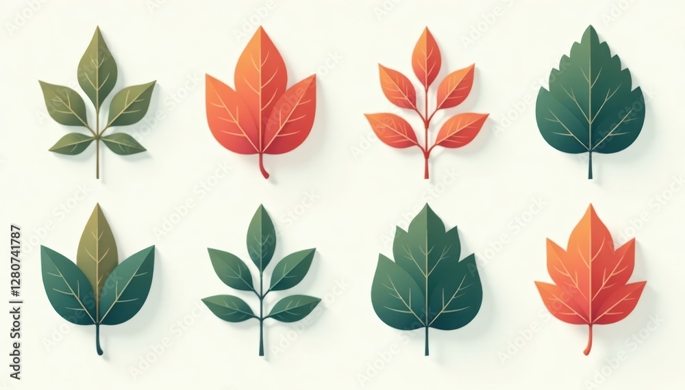 Obraz premium Set of minimalist leaf icons Thin line style, various shapes , fall, outline, green