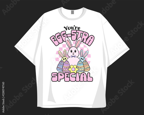 Easter t shirt design. Groove cartoon easter bunny graphic t shirt. Old school stye holidays design for festival