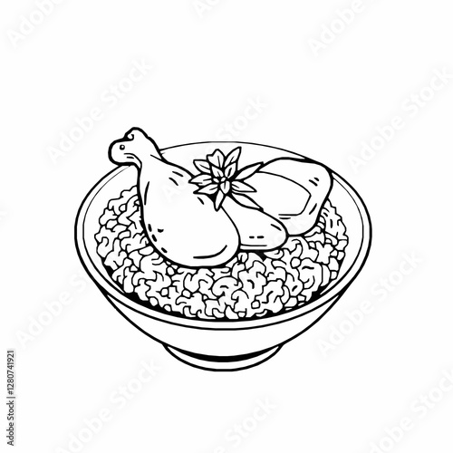 Singaporean Hainanese Chicken Rice Poached Chicken with Fragrant Rice A Light and Aromatic Dish Black Outline