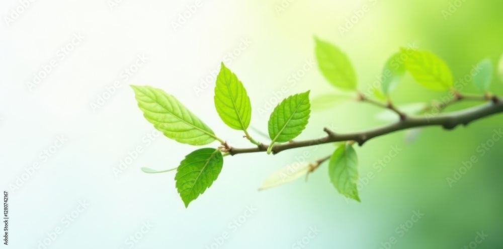 Single slender twig, bright green leaves, clean white backdrop , nature photography, texture Single slender twig, bright green leaves, clean white backdrop , nature photography, texture