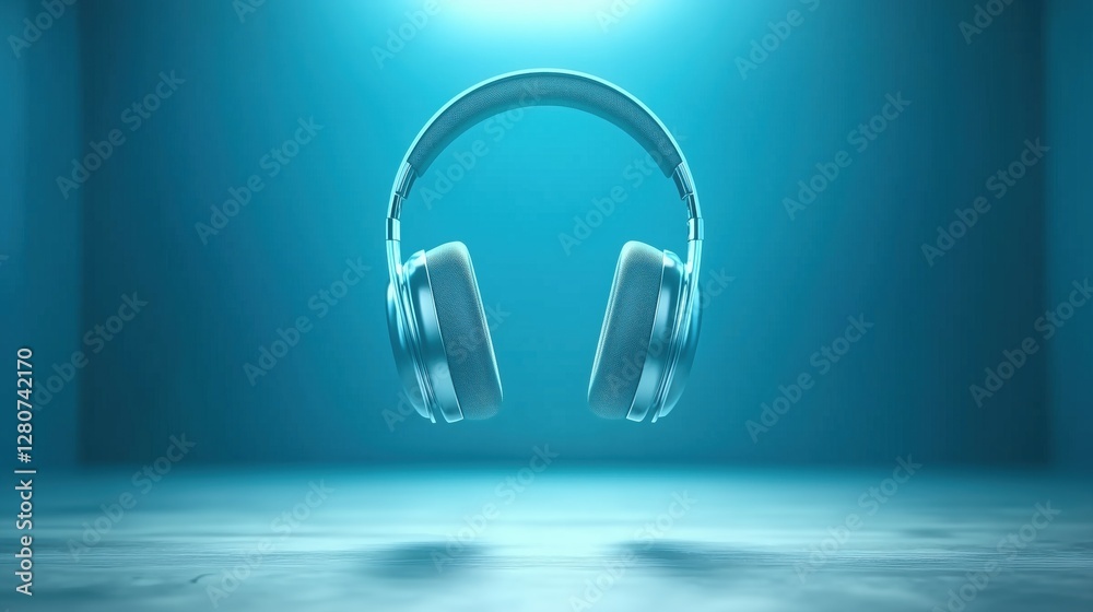 The render displays a pair of floating headphones, illuminated by soft light in a minimalist setting. The sleek design emphasizes modern technology, creating an eye-catching visual experience The render displays a pair of floating headphones, illuminated by soft light in a minimalist setting. The sleek design emphasizes modern technology, creating an eye-catching visual experience