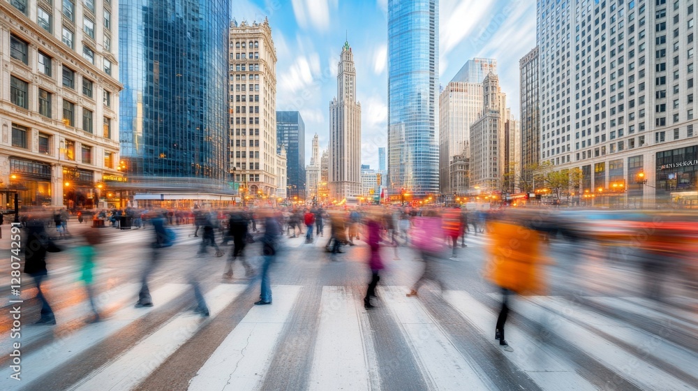 Fototapeta premium Dynamic Urban Crosswalk, vibrant crowd in motion, skyscrapers and neon signs enhance the bustling energy of city life, a visual symphony of movement