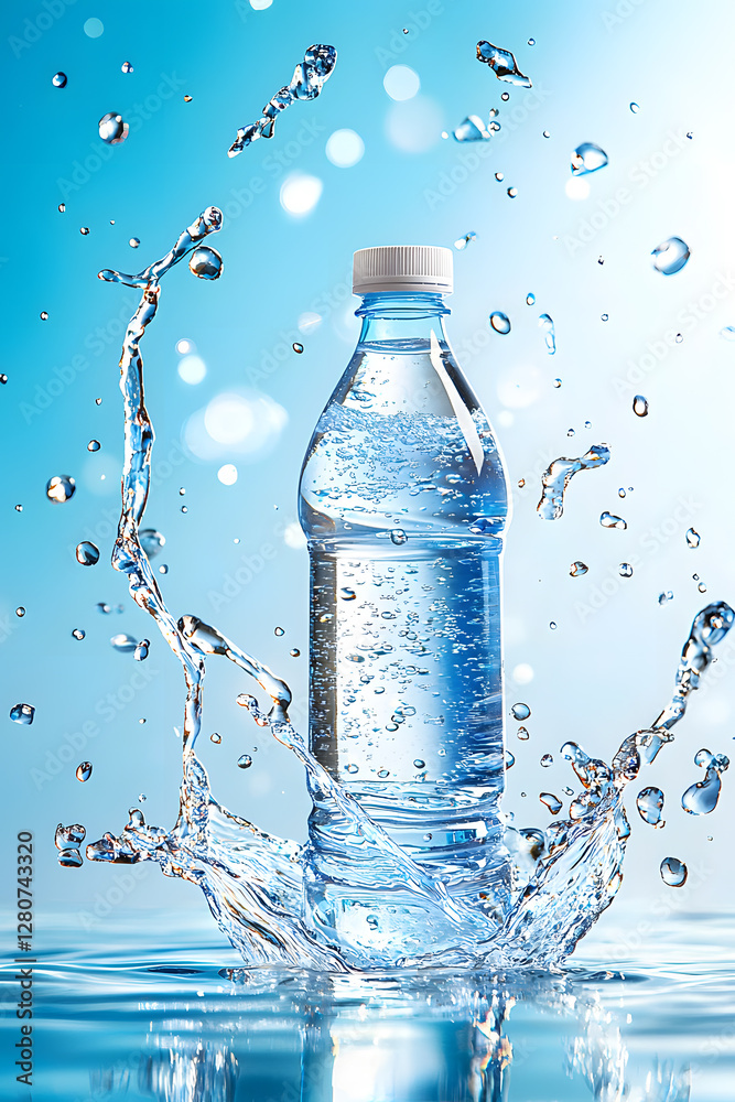 A plastic bottle in the middle and flying splashes and drops of water around a blue A plastic bottle in the middle and flying splashes and drops of water around a blue