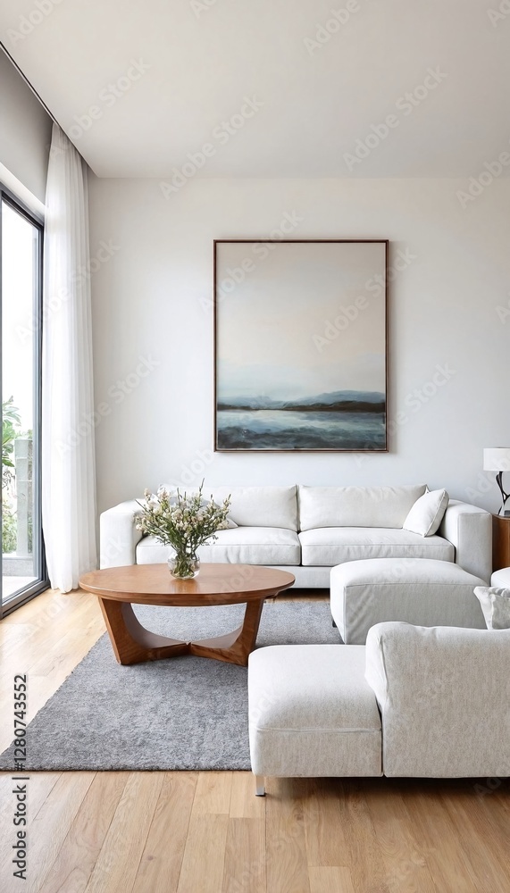 Fototapeta premium Minimalist Interior Design: A Modern Living Room with White Couches, Wooden Coffee Table, and Natural Light.