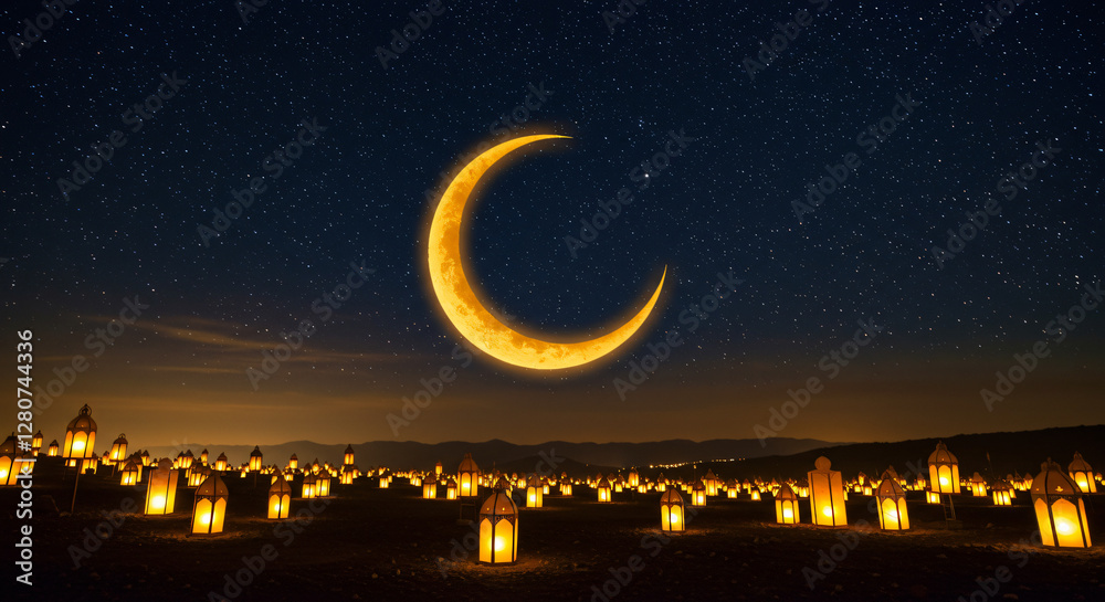Fototapeta premium Golden Crescent Moon and Lanterns in a Starry Sky – Spiritual Serenity
