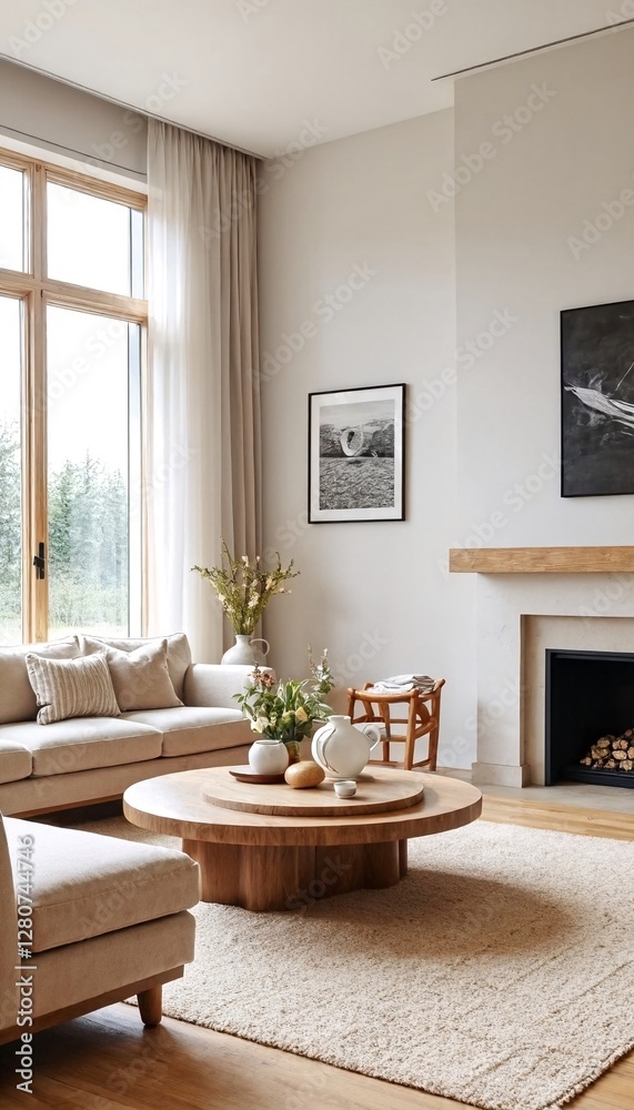 Fototapeta premium A modern living room with neutral tones and natural light.