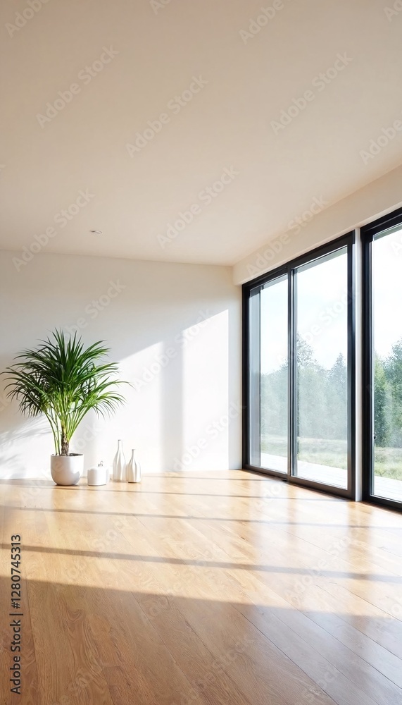 Fototapeta premium Room with Light Wood Floors and Large Windows.