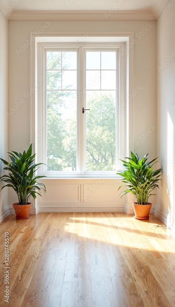 Fototapeta premium Sunlight streaming through a window onto a hardwood floor with two potted plants on either side.